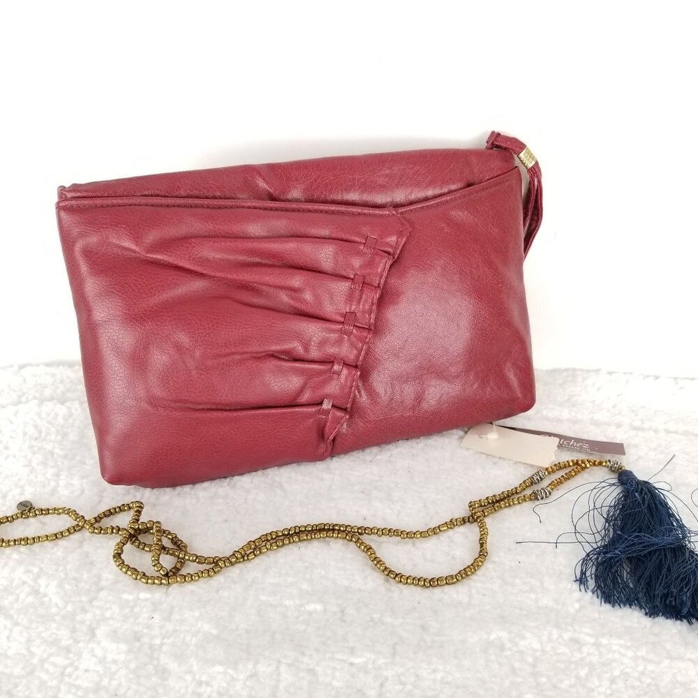 Vintage 80s 90s Clutchez Bag Bazaar Burgundy Red Pleated Wristlet Clutch NWT